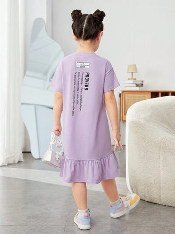 Young Girl Knitted Solid Color Letter Print Loose Casual Dress With Round Neck