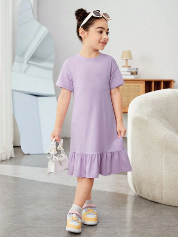 Young Girl Knitted Solid Color Letter Print Loose Casual Dress With Round Neck