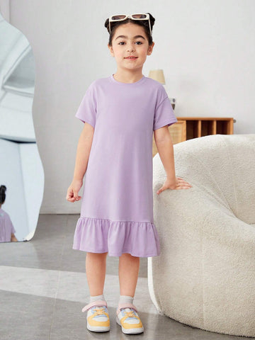 Young Girl Knitted Solid Color Letter Print Loose Casual Dress With Round Neck