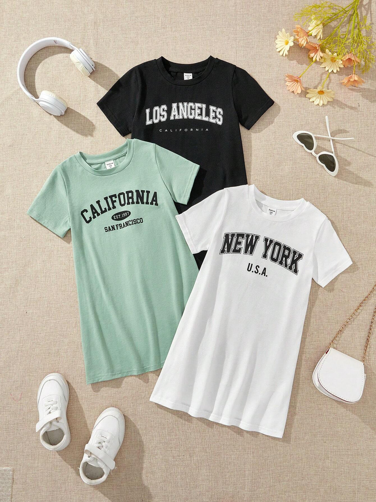 Young Girl Knitted Solid Color Letter Printed Round Neck Casual Dress 3pcs Set