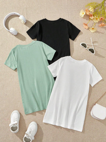Young Girl Knitted Solid Color Letter Printed Round Neck Casual Dress 3pcs Set