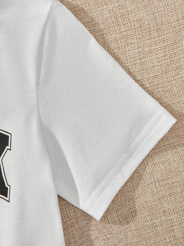 Young Girl Knitted Solid Color Letter Printed Round Neck Casual Dress 3pcs Set