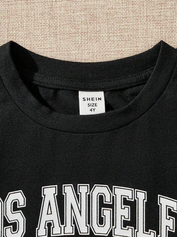 Young Girl Knitted Solid Color Letter Printed Round Neck Casual Dress 3pcs Set