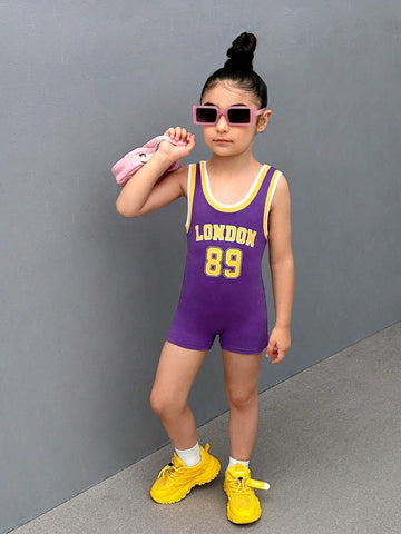 Young Girl Knitted Solid Color Letter & Number Patterned Casual Romper