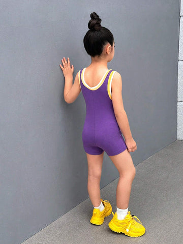 Young Girl Knitted Solid Color Letter & Number Patterned Casual Romper