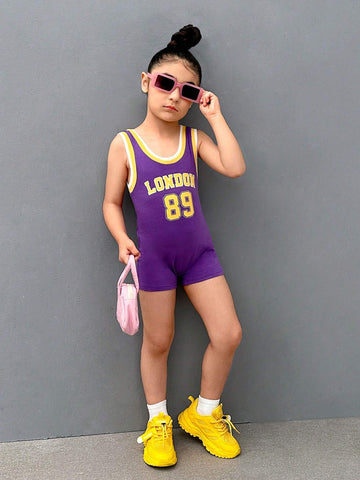 Young Girl Knitted Solid Color Letter & Number Patterned Casual Romper