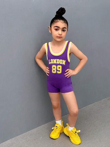 Young Girl Knitted Solid Color Letter & Number Patterned Casual Romper
