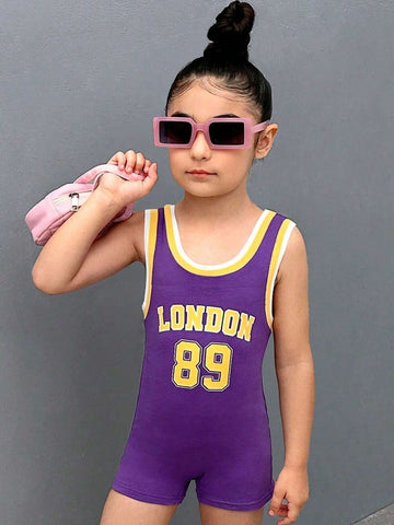 Young Girl Knitted Solid Color Letter & Number Patterned Casual Romper