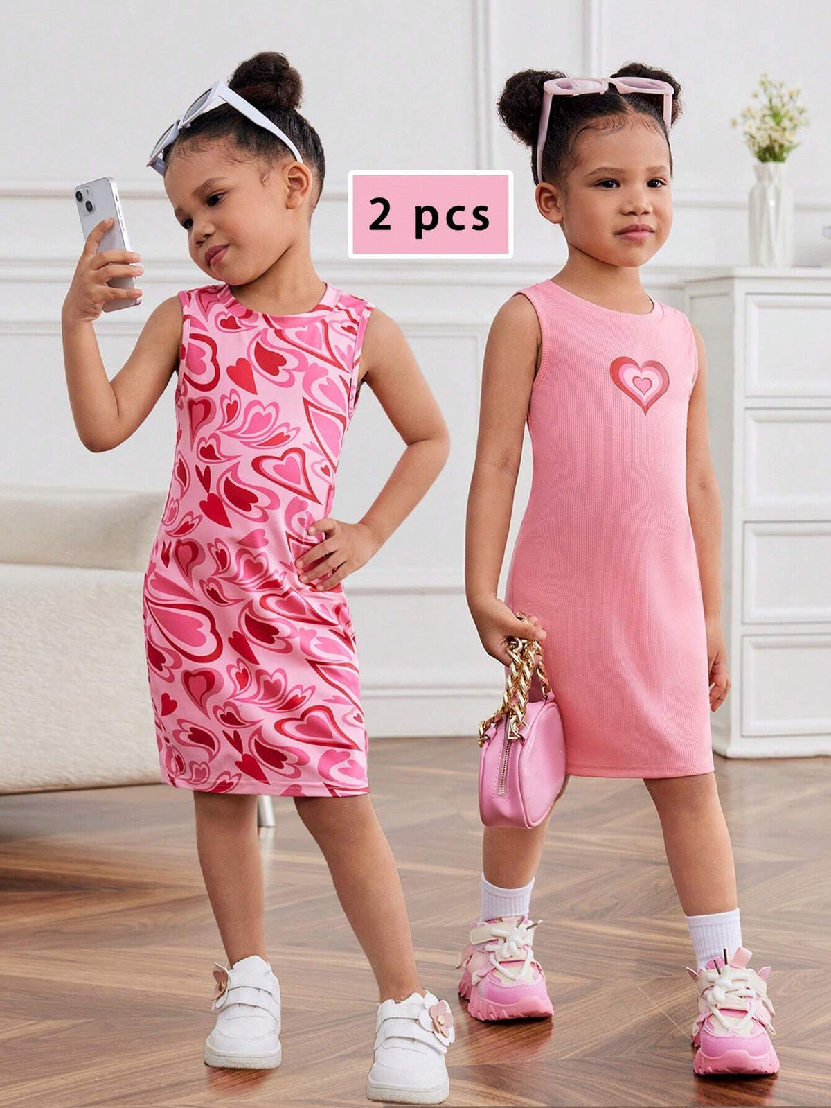 Young Girl Knitted Solid Color Love Heart Pattern Round Neck Sleeveless Bodycon Casual Dress Suit (2 Pieces)
