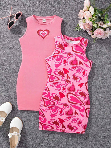 Young Girl Knitted Solid Color Love Heart Pattern Round Neck Sleeveless Bodycon Casual Dress Suit (2 Pieces)