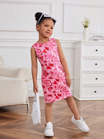 Young Girl Knitted Solid Color Love Heart Pattern Round Neck Sleeveless Bodycon Casual Dress Suit (2 Pieces)