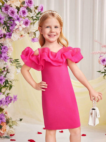 Young Girl Knitted Solid Color Off Shoulder Dress With Lace Splicing And Weave Edge Strap For Spring And Summer