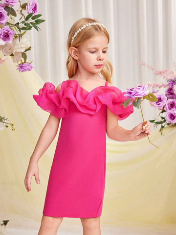 Young Girl Knitted Solid Color Off Shoulder Dress With Lace Splicing And Weave Edge Strap For Spring And Summer