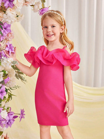 Young Girl Knitted Solid Color Off Shoulder Dress With Lace Splicing And Weave Edge Strap For Spring And Summer