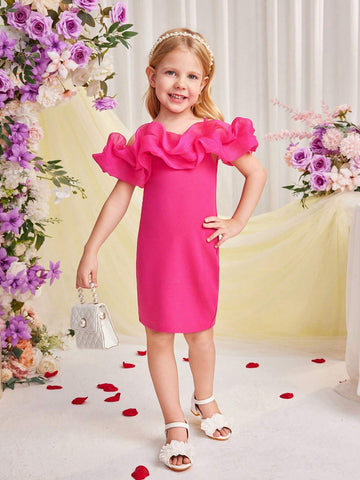 Young Girl Knitted Solid Color Off Shoulder Dress With Lace Splicing And Weave Edge Strap For Spring And Summer