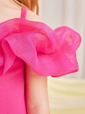 Young Girl Knitted Solid Color Off Shoulder Dress With Lace Splicing And Weave Edge Strap For Spring And Summer