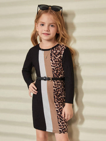 Young Girl Knitted Solid Color Patchwork Leopard Print Round Neck Fitted Casual Dress