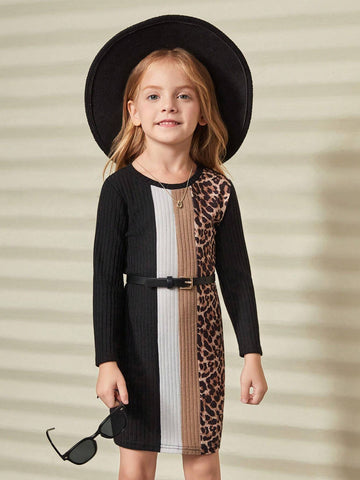 Young Girl Knitted Solid Color Patchwork Leopard Print Round Neck Fitted Casual Dress