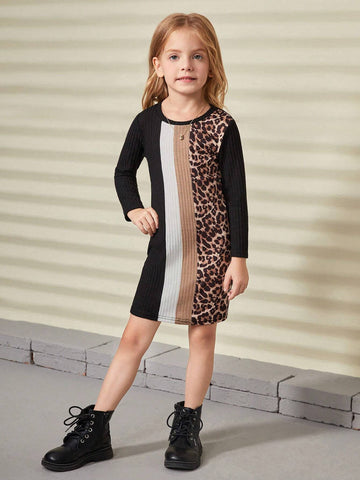 Young Girl Knitted Solid Color Patchwork Leopard Print Round Neck Fitted Casual Dress