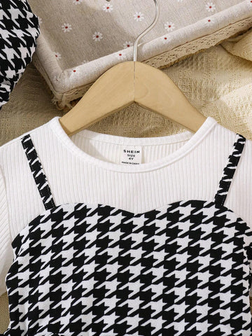 Young Girl Knitted Solid Color Patchwork Plaid Print Round Neck Fitted Casual Dress