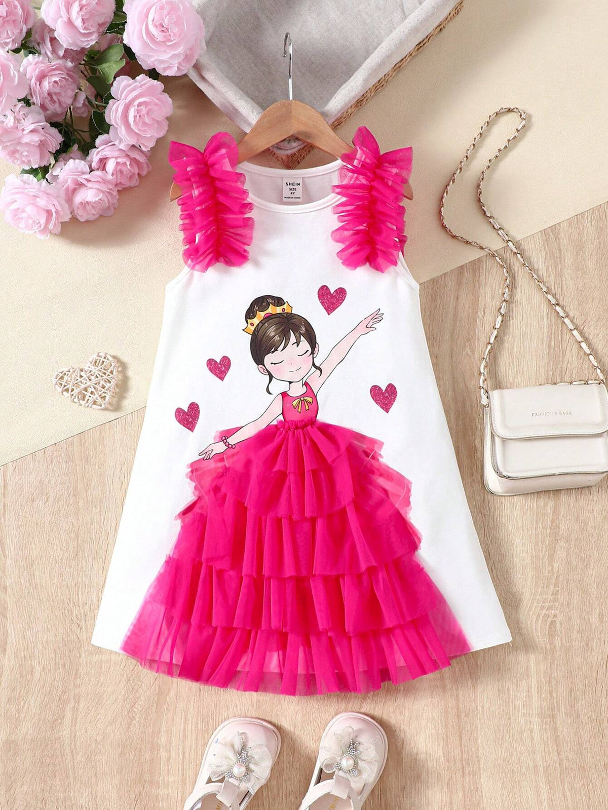 Young Girl Knitted Solid Color Patchwork Woven Mesh Relaxed Fit Casual Dress With Cartoon Pattern And Round Neckline