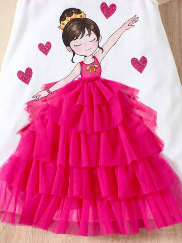 Young Girl Knitted Solid Color Patchwork Woven Mesh Relaxed Fit Casual Dress With Cartoon Pattern And Round Neckline