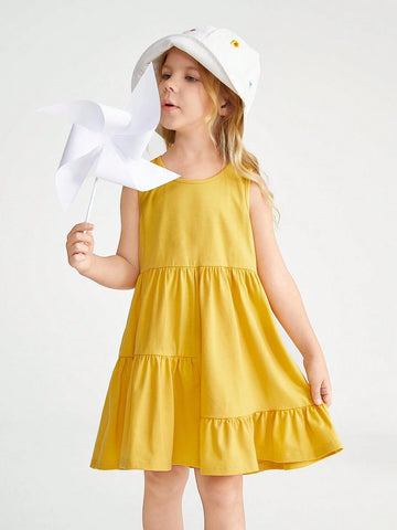 Young Girl Knitted Solid Color Round Neck Casual Sleeveless Top Dress