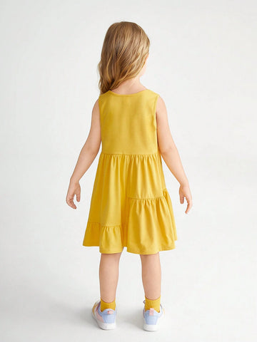 Young Girl Knitted Solid Color Round Neck Casual Sleeveless Top Dress