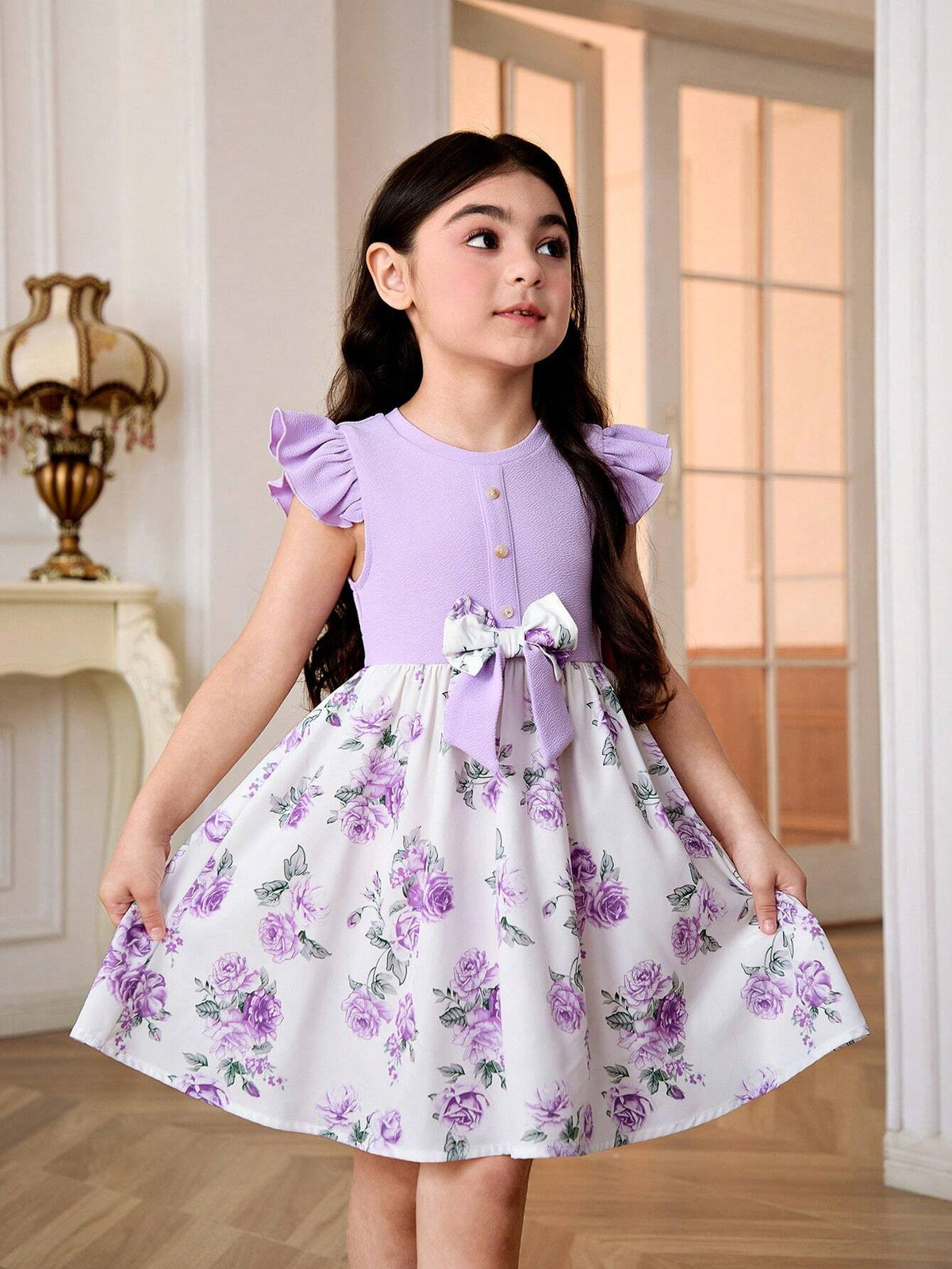 Young Girl Knitted Solid Color Round Neck Dress With Pleated Hem And Woven Floral Patchwork Design