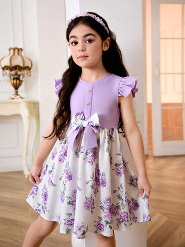 Young Girl Knitted Solid Color Round Neck Dress With Pleated Hem And Woven Floral Patchwork Design