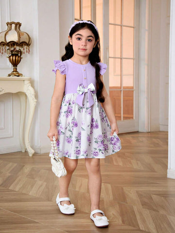 Young Girl Knitted Solid Color Round Neck Dress With Pleated Hem And Woven Floral Patchwork Design