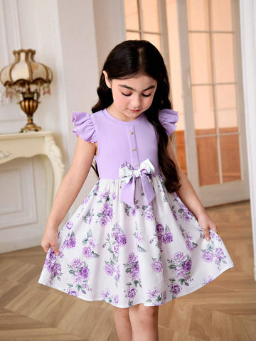 Young Girl Knitted Solid Color Round Neck Dress With Pleated Hem And Woven Floral Patchwork Design