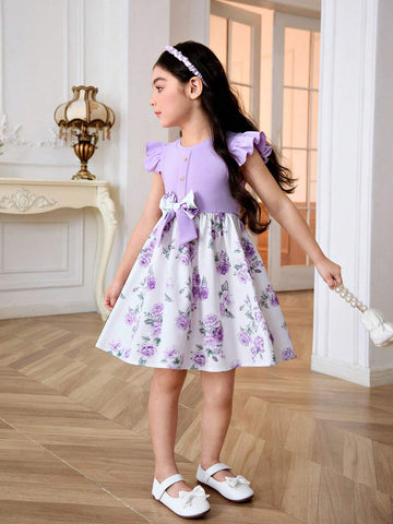 Young Girl Knitted Solid Color Round Neck Dress With Pleated Hem And Woven Floral Patchwork Design