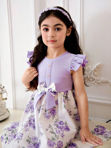 Young Girl Knitted Solid Color Round Neck Dress With Pleated Hem And Woven Floral Patchwork Design