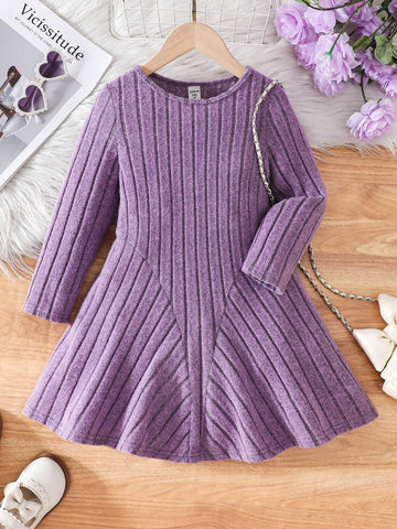 Young Girl Knitted Solid Color Round Neck Fitted Casual Dress