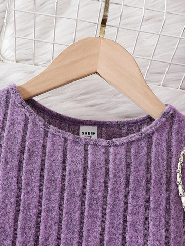 Young Girl Knitted Solid Color Round Neck Fitted Casual Dress