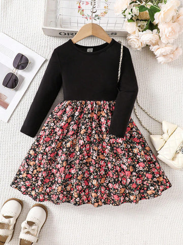 Young Girl Knitted Solid Color Round Neck Patchwork Floral Integrated Casual Autumn/Winter Dress