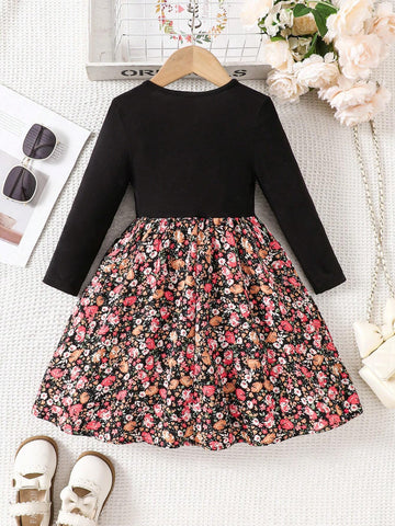 Young Girl Knitted Solid Color Round Neck Patchwork Floral Integrated Casual Autumn/Winter Dress