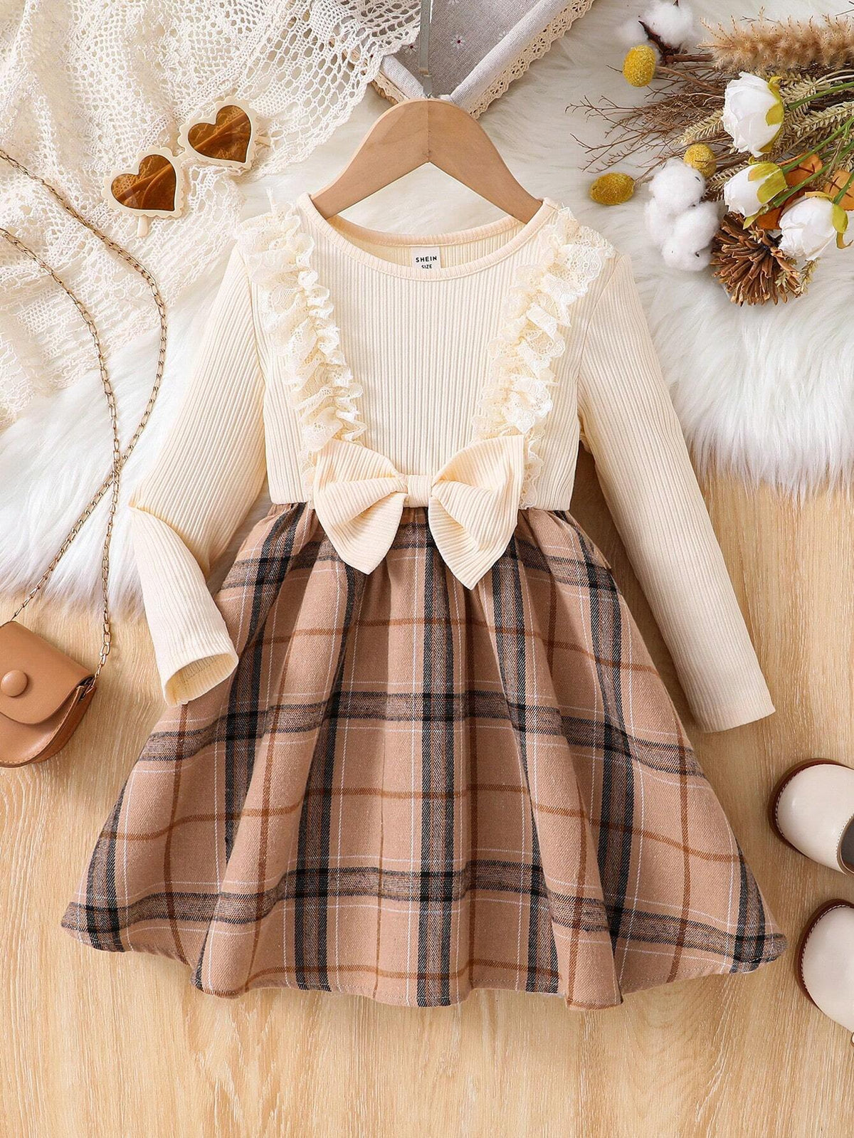 Young Girl Knitted Solid Color Round Neck Patchwork Plaid Bodycon Casual Dress