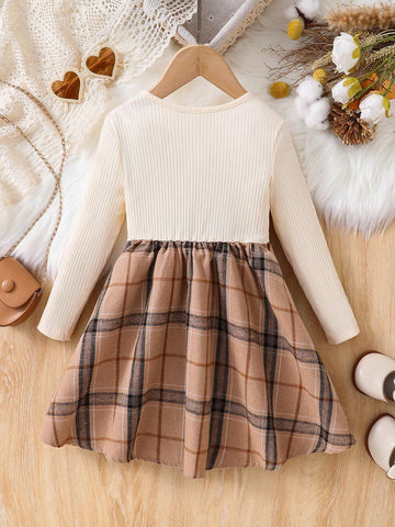 Young Girl Knitted Solid Color Round Neck Patchwork Plaid Bodycon Casual Dress