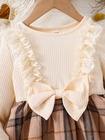 Young Girl Knitted Solid Color Round Neck Patchwork Plaid Bodycon Casual Dress