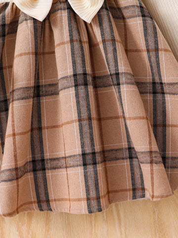 Young Girl Knitted Solid Color Round Neck Patchwork Plaid Bodycon Casual Dress
