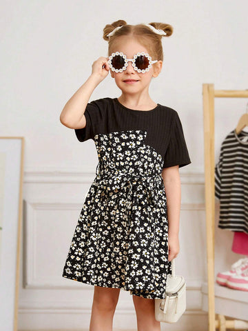 Young Girl Knitted Solid Color Round Neck Patchwork Woven Floral Casual Dress