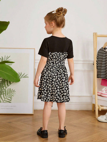 Young Girl Knitted Solid Color Round Neck Patchwork Woven Floral Casual Dress