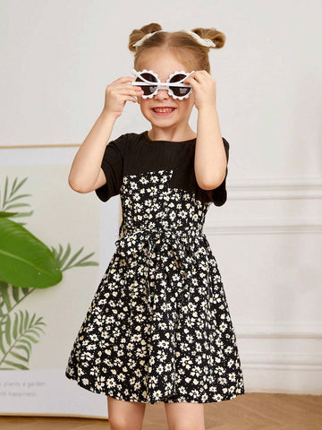 Young Girl Knitted Solid Color Round Neck Patchwork Woven Floral Casual Dress