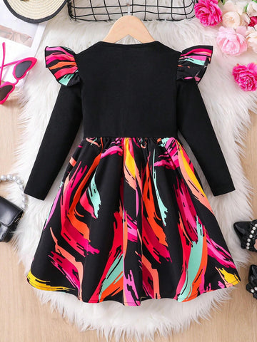 Young Girl Knitted Solid Color Round Neck Peplum Hem Floral Patchwork Casual Dress