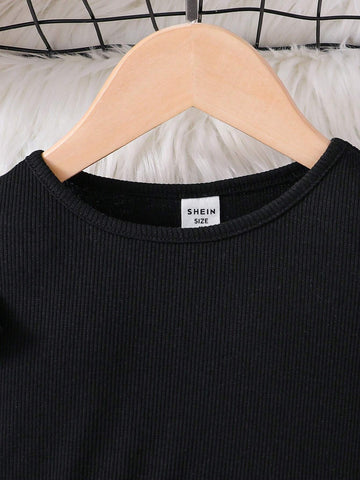 Young Girl Knitted Solid Color Round Neck Peplum Hem Floral Patchwork Casual Dress