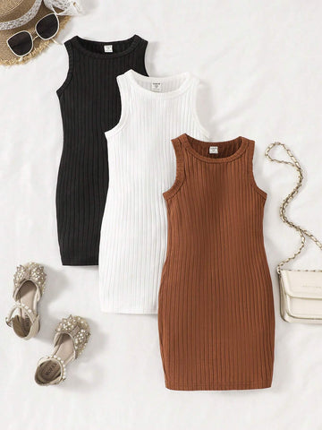 Young Girl Knitted Solid Color Round Neck Sleeveless Bodycon Casual Dress 3pcs/Set