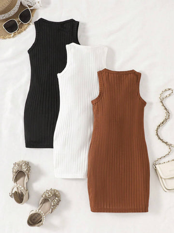 Young Girl Knitted Solid Color Round Neck Sleeveless Bodycon Casual Dress 3pcs/Set