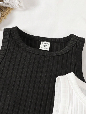 Young Girl Knitted Solid Color Round Neck Sleeveless Bodycon Casual Dress 3pcs/Set